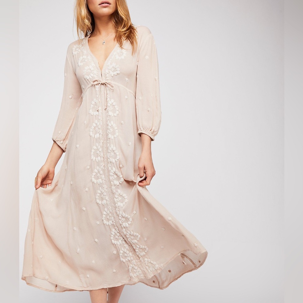 Free People Embroidered Fable Midi Dress in Light Pink